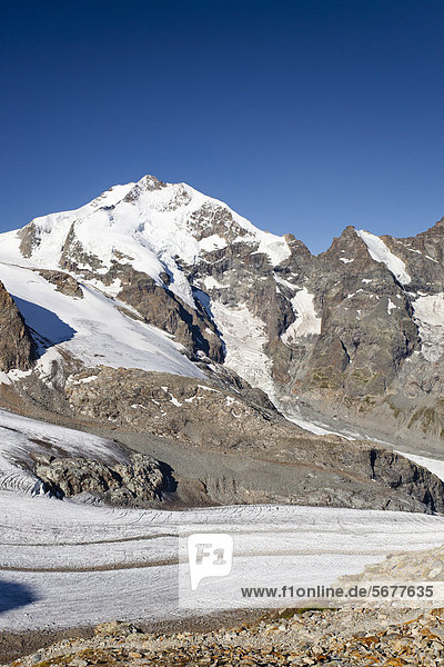 Aussicht beim Aufstieg zum Piz Palü auf den Berninagipfel mit dem Biancograt  vorne der Persgletscher  Graubünden  Schweiz  Europa