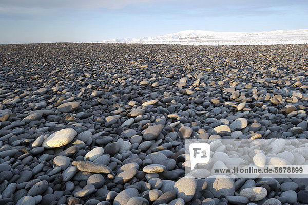 Rundgeschliffene Kieselsteine am weiten Strand bei DyrhÛlaey  vor der Kulisse des M_rdalsjökull  Island  Europa