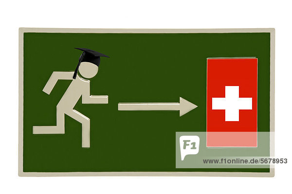 Fluchtschild  Piktogramm  Person mit Doktorhut flieht in die Schweiz  Symbolbild Akademikerflucht in die Schweiz