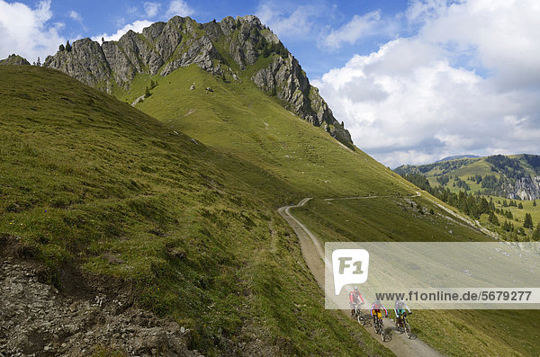 Mountainbiker bei der Auffahrt zum Seebergsee  Zweisimmen  Gstaad  Saanenland  Berner Oberland  Schweiz  Europa