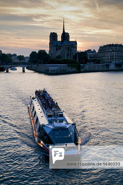 Notre Dame and excursion boat on river Seine  Paris  France  Europe