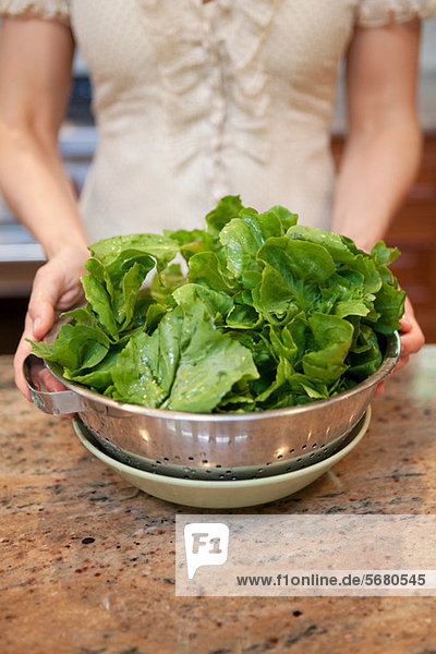 Mid adult woman holding colander of lettuce leaves