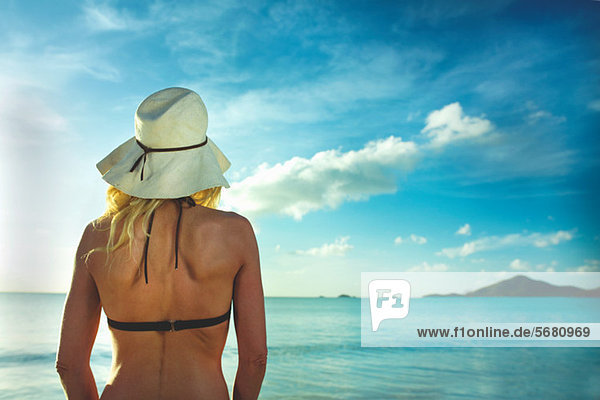 Rear view of woman in sunhat looking out to sea