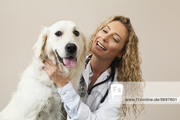 Veterinarian petting dog in office