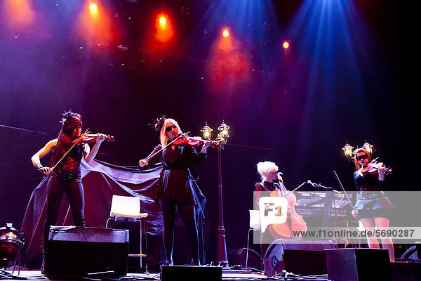 'The German pop  rock  classical and gothic string quartet ''Eklipse''  performing live at the Hallenstadion in Zurich  Switzerland  Europe'