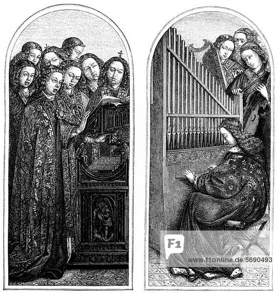 Historische Zeichnung aus dem 19. Jahrhundert  singende und musizierende Engel nach dem Genter Altar in der St.-Bavo-Kathedrale von Jan van Eyck  15. Jahrhundert
