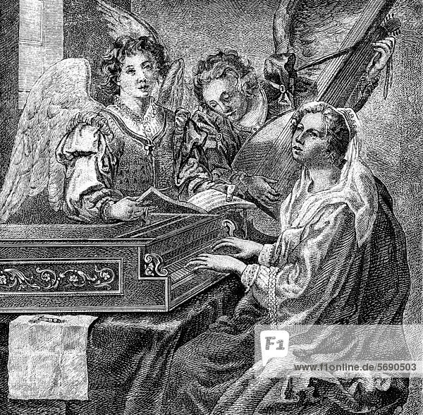 Historische Zeichnung aus dem 19. Jahrhundert  Die heilige Cäcilie musiziert auf dem Spinett mit Engeln