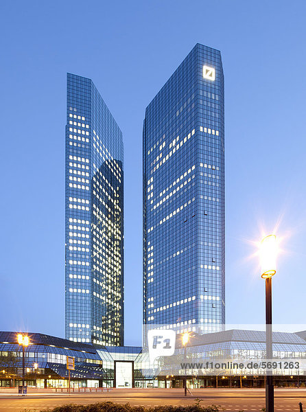 Deutsche Bank Twin Towers  nicknamed debit and credit  Frankfurt am Main  Hesse  Germany  Europe  PublicGround