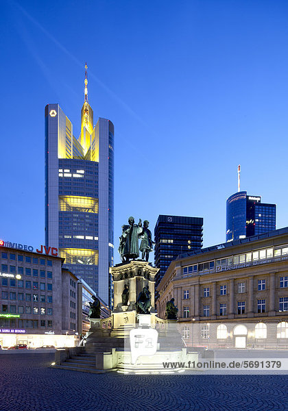Commerzbank Tower  Johannes Gutenberg monument  Goetheplatz square  Frankfurt am Main  Hesse  Germany  Europe  PublicGround