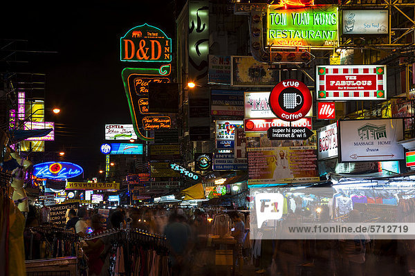 Advertising signs  street view at night  Khao San Road  Bangkok  Thailand  Asia