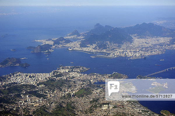 Aerial view of Rio de Janeiro  Niteroi and Bahia de Guanabara  Guanabara Bay  Brazil  South America
