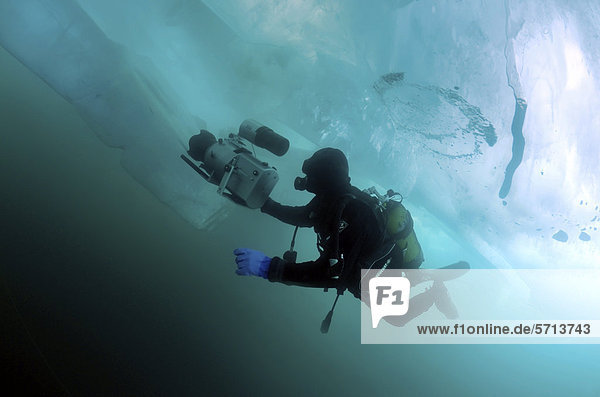 Unterwasser-Kameramann Didier Noirot  Eistauchen im Baikalsee  Insel Olchon  Sibirien  Russland  Eurasien