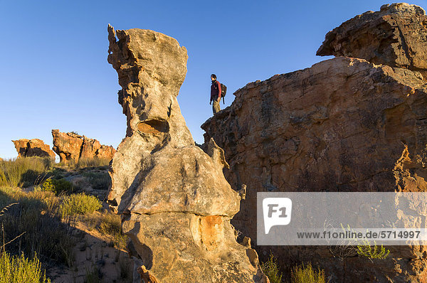 Woman standing on rocks  rock formations  Cederberg mountains  Western Cape  South Africa  Africa