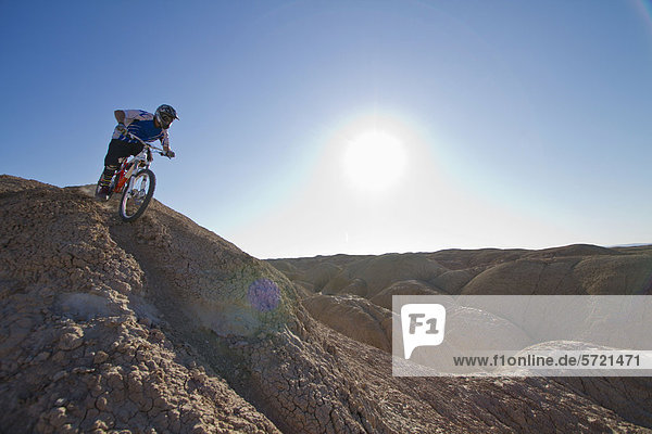 USA  Kalifornien  Mountainbiker auf dem Berggipfel