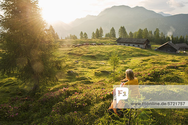 Österreich  Salzburger Land  Junge Frau sitzt auf einer Alm und beobachtet Landschaft