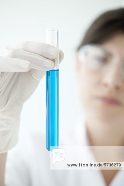 Wissenschaftler halten Reagenzglas mit blauer Flüssigkeit