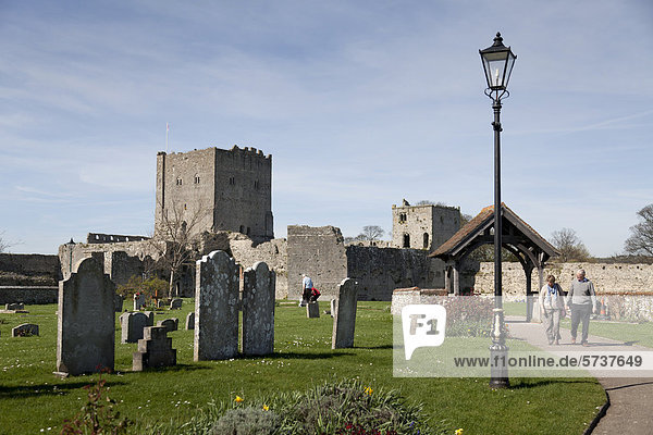 Inner bailey and gravestones  12th century  at Portchester Castle  Fareham  Hampshire  England  United Kingdom  Europe