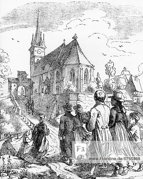 Kirchgang am Sonntag  Holzschnitt  um 1900