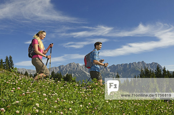 Hikers on a local mountain  Mt Hartkaiser  with views of Wilder Kaiser massif  Tyrol  Austria  Europe