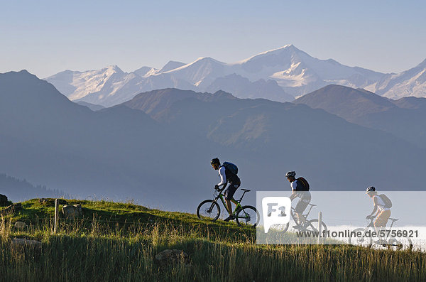 Mountain bikers at Salvensee Lake  Mt Hohe Salve  Mt Kitzbueheler Horn  Kitzbuehel Alps  Tyrol  Austria  Europe
