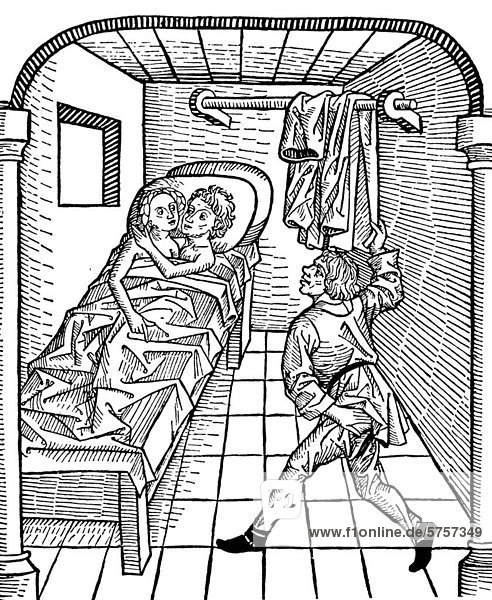 The coat of the lover is being stolen  while he is in bed with a woman  erotic farce illustration from the 15th century