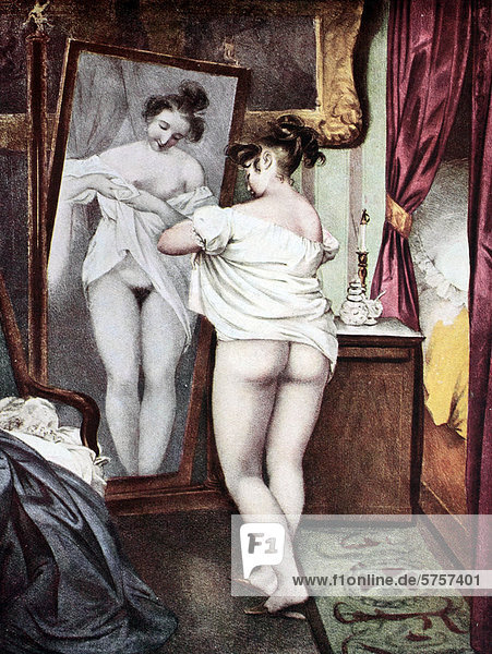Frau vor dem Spiegel  galante farbige Lithographie von Deveria  1835