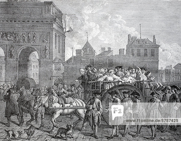 Die Tätigkeit der Sittenpolizei  Transport aufgegriffener Dirnen nach dem Spital  französischer Kupferstich von Vasseur  um 1770