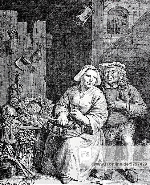 Verliebte Unterhaltung  holländischer Kupferstich von van Haeften  18. Jahrhundert