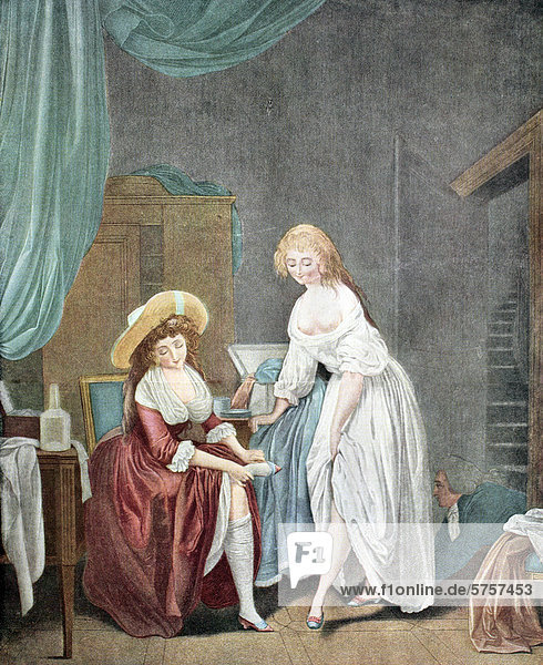 Frauen bei der Ankleide  französischer Kupferstich von Chaponnier  um 1788