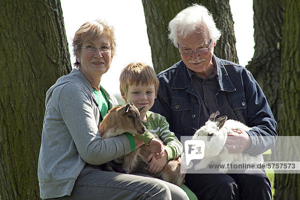 Großeltern mit Enkel im Kinderbauernhof  Wilhelmsburg  Hamburg  Deutschland  Europa