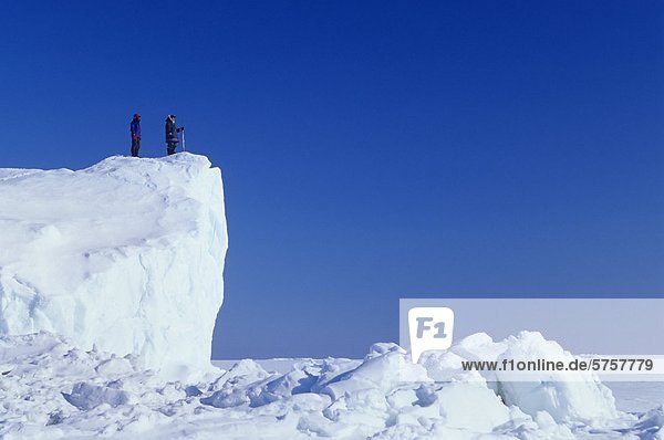 Inuit-Führer und Client auf Eisberg eingefroren im Meereis  Kimmirut  Baffininsel  Nunavut  Kanada.