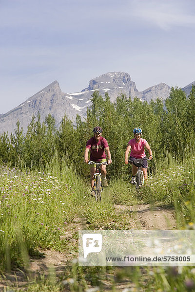 Active  fit  elderly couple mountain biking on trail in Fernie  British Columbia  Canada.