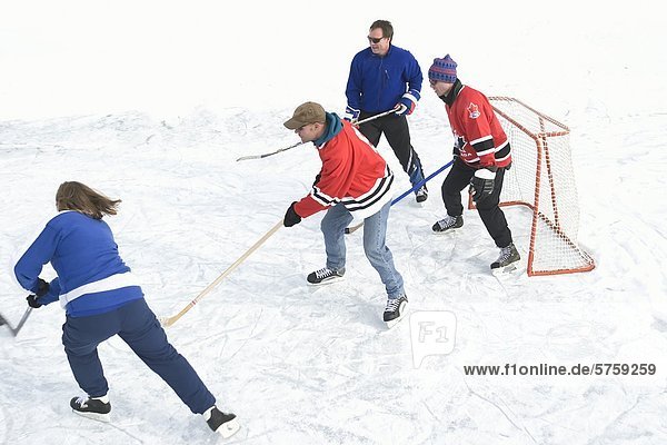 Three males and one female playing hockey on frozen lake  Alberta  Canada.