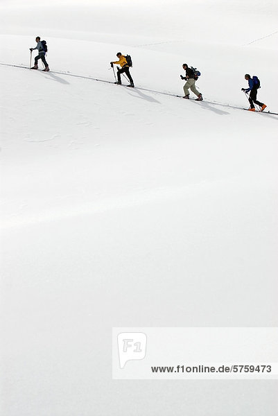 Geführte Skigruppe geführt über Schnee Hang  alpine Schüssel  British Columbia  Kanada.