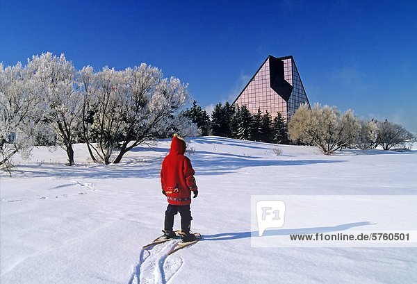 Person snowshoeing in winter landscape with hoar frost on trees  in front of the Royal Canadian Mint  Winnipeg  Manitoba  Canada