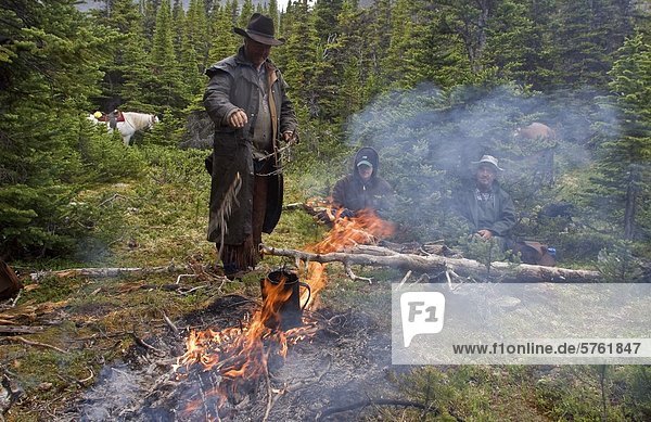 Camp fire on a trail ride through the Itcha Mountains in British Columbia Canada