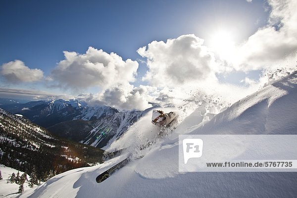 Junge männliche Skifahrer Schrägstriche ein Pulver-Zuges  Kicking Horse Resort  Britsh Columbia  Kanada