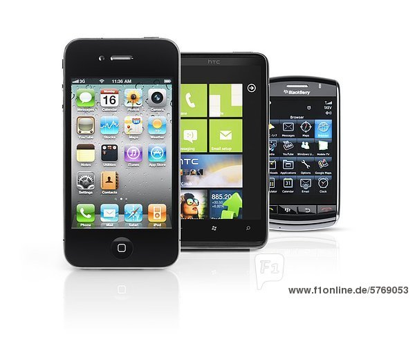 Apple iPhone 4  Windows 7 HTC HD7 Handy und BlackBerry Storm smartphones