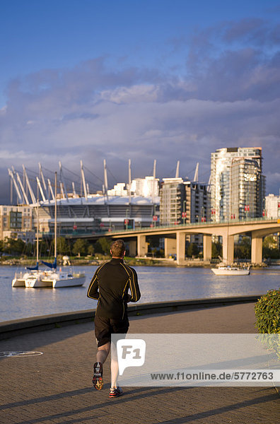 Cambie Bridge  city skyline with new retractable roof on BC Place Stadium  False Creek  Vancouver  British Columbia  Canada
