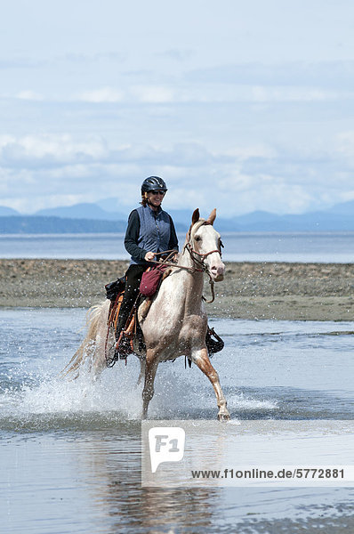 Women riding horses for recreation on the beach at Merville  Vancouver Island  British Columbia  Canada