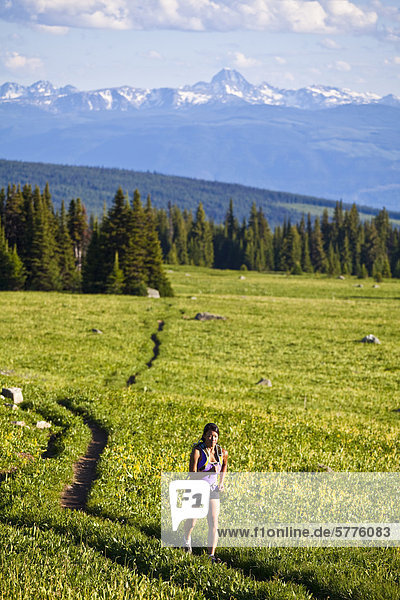 Eine junge asiatische Frau Trailrunning schöne Singletrails in den der Trophy Berge  Wells Grey Provincial Park  Clearwater  Britisch-Kolumbien  Kanada