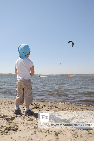 Little boy  kite surfing  Black Sea  Odessa  Ukraine  Eastern Europe