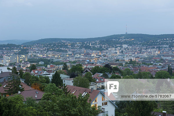 View of the city in the blue hour in the evening  Stuttgart  Baden-Wuerttemberg  Germany  Europe