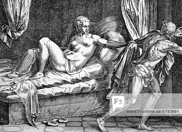 Joseph and the Potiphar  copper engraving  17th Century  after a Titian drawing