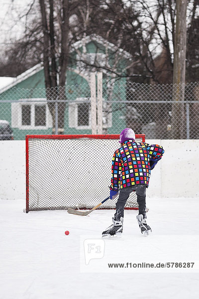 Boy playing ice hockey  on an outdoor neighborhood rink  Winnipeg  Manitoba  Canada
