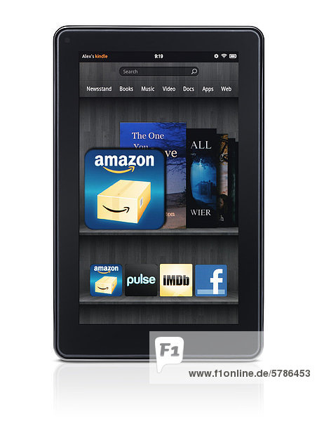 Amazon Kindle Fire Tablet-Computer-e-Book-Reader mit Hauptbildschirm auf seinem Display isoliert auf weißem Hintergrund mit Beschneidungspfad