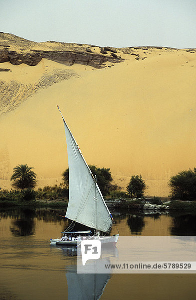 Nile at Aswan with fellucca and desert  Egypt