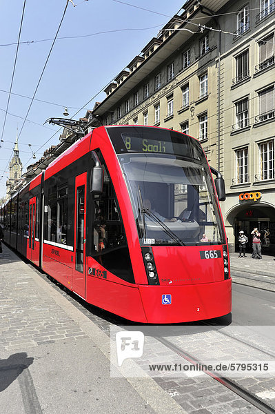 Modern tram in the historic district of Bern  Switzerland  Europe