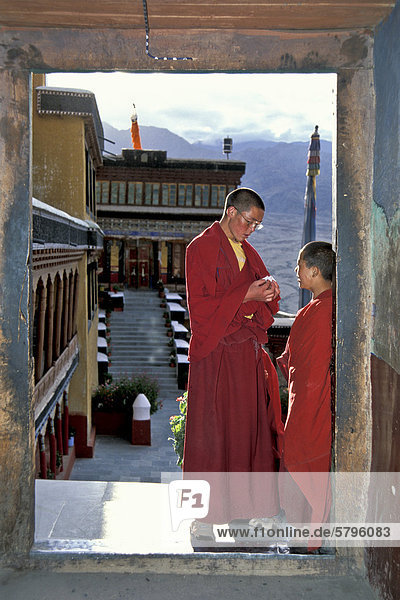 Mönche spielen Himmel und Hölle  buddhistisches Gelbmützen-Kloster Tikse  Ladakh  indischer Himalaya  Nordindien  Indien  Asien