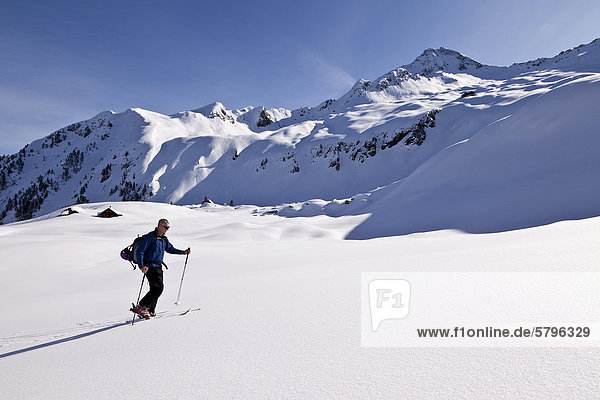 Cross-country skier in a wintry landscape  Zilertaler Alps  Zillertal  Tyrol  Austria  Europe